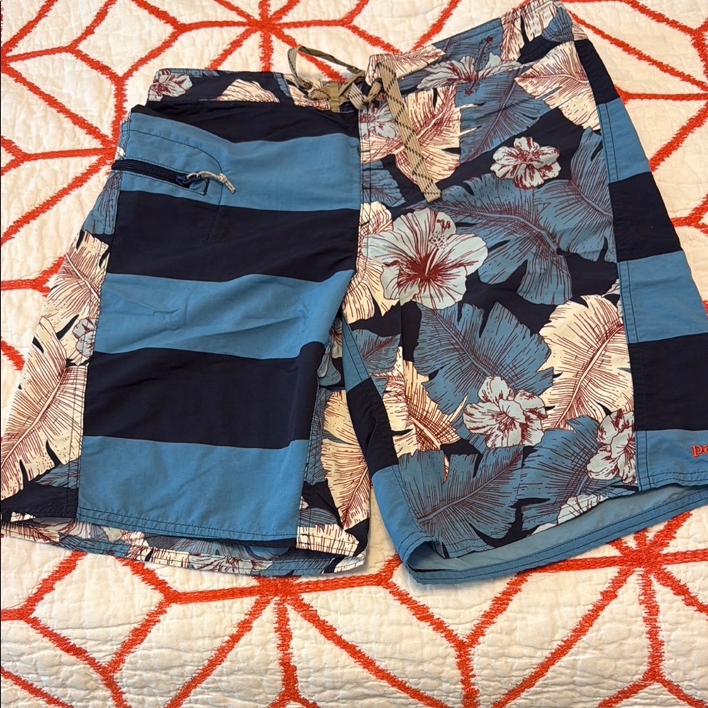 Blue Patagonia Board Shorts with Stripes and Floral Design Size 28